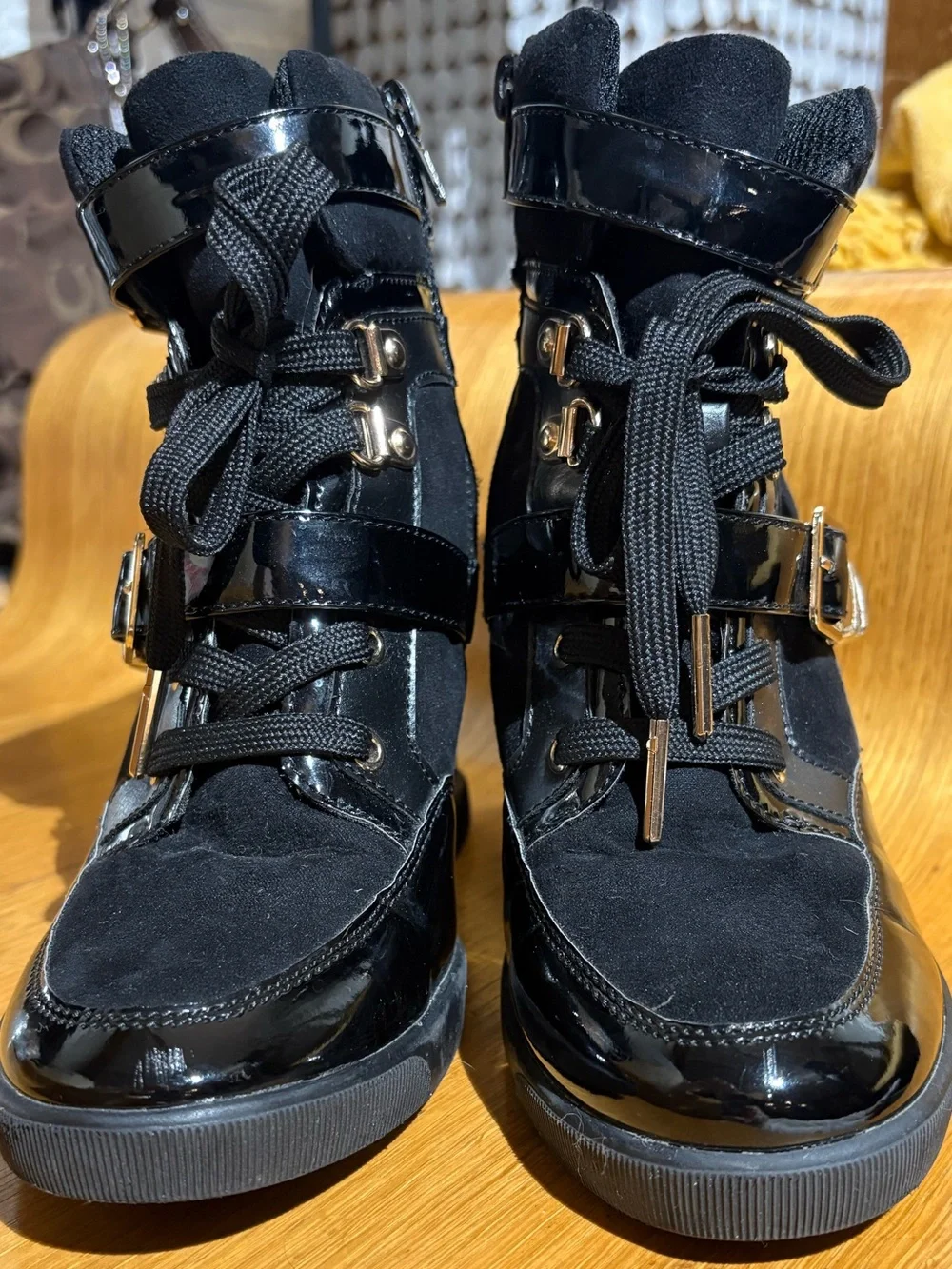 ShoeDazzle Black High-Top Wedge Sneakers Multi-Strap Gold Buckles Size 6
